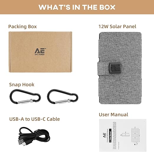 Close-up of AE APE-Power 12W solar panel showing USB-A output port and waterproof ETFE surface, designed for outdoor use.