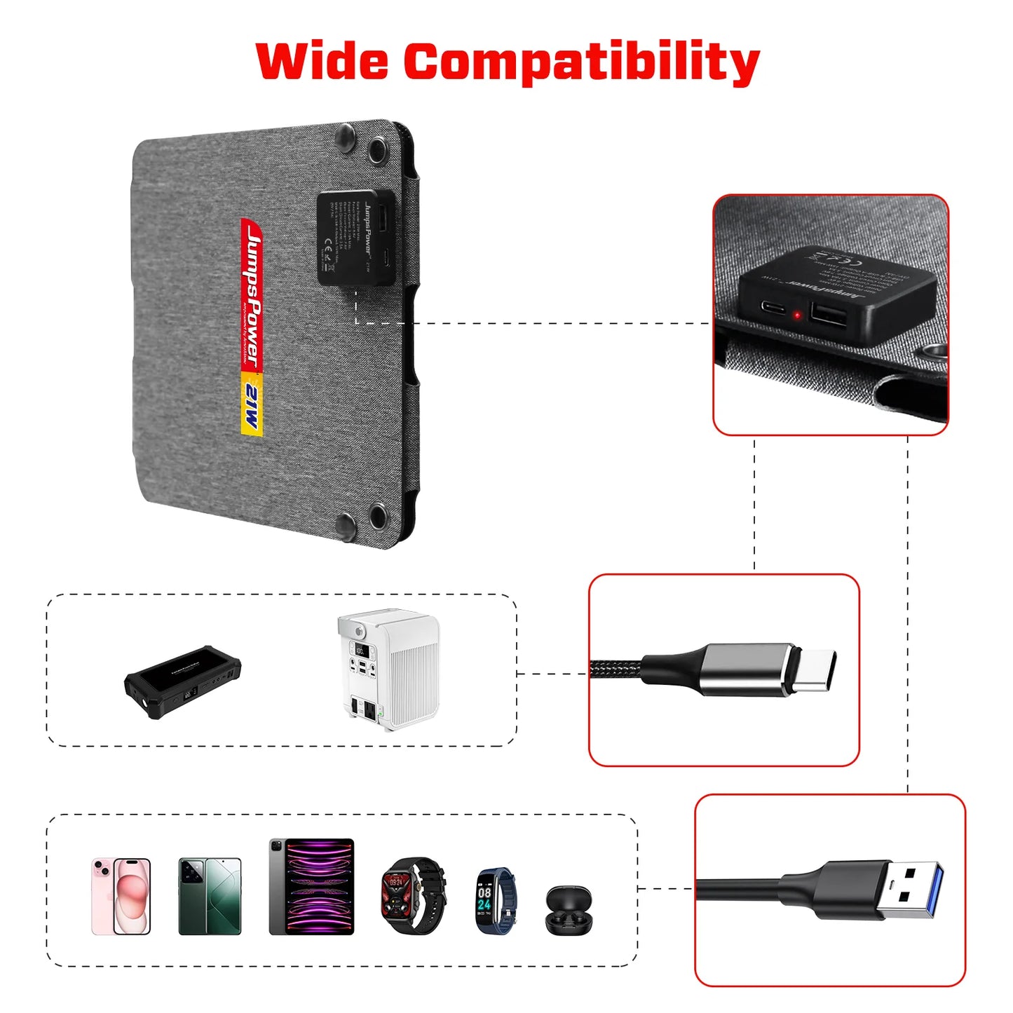 JumpsPower 21w Portable solar panel for hiking mobile devices - APE Solar Kits Australia